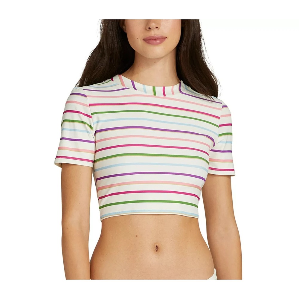 KATE SPADE Women's Bikini Swimsuit  Tie Short-Sleeve Rash Guard Striped - Size M